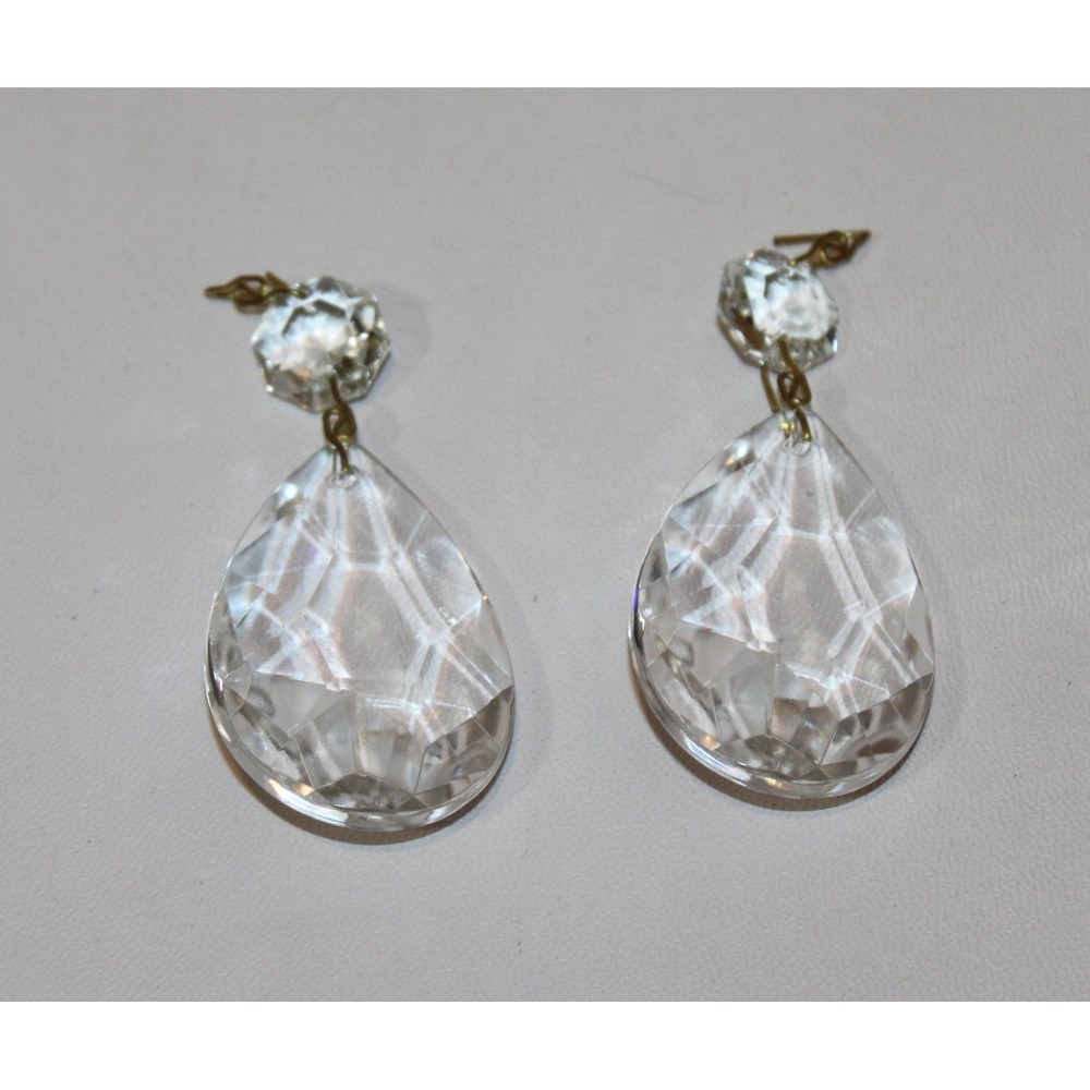 set of 10 vintage chandelier prisms clear glass teardrop faceted 2-piece - Picture 12 of 13